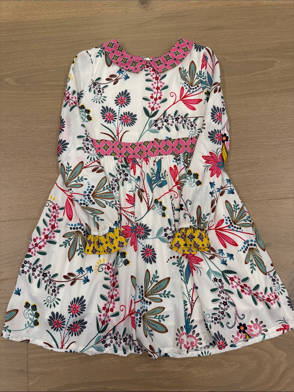 Mini Boden Girl White Floral Dress with Pink, Yellow & Teal Accents